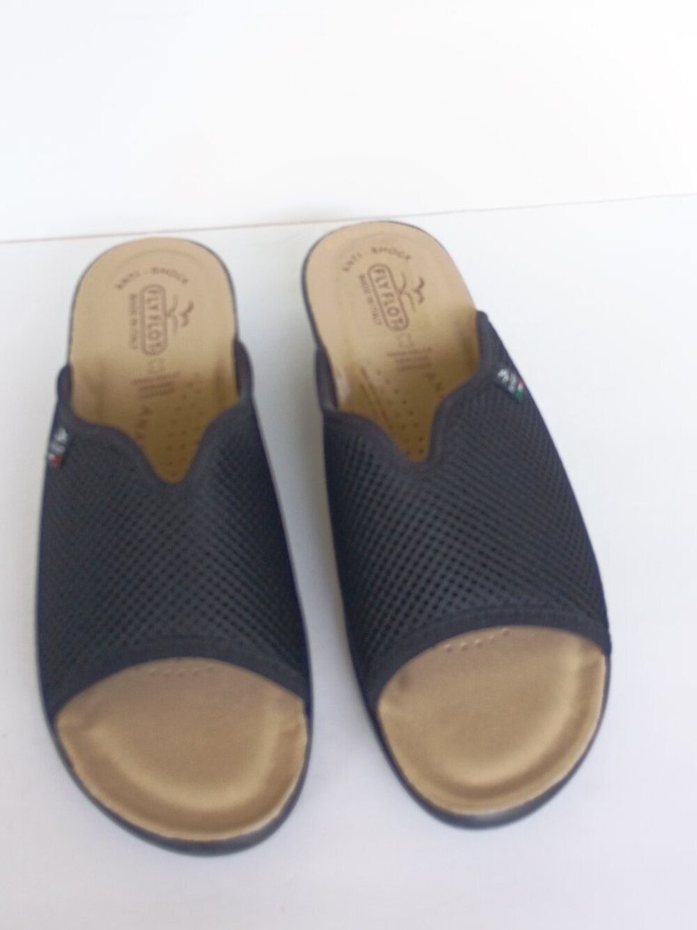 Fly Flot Sandals Wedge Women US Sz9 Black Slip On Mesh Made In Italy Excellent